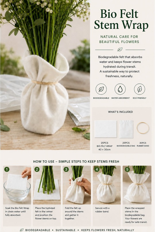 FLOWER FLOWERS FLORIST FLORISTS FELT FELTS FOAM FOAMS FLORAL FLORALS BIO BIOS BIODEGRADABLE BIODEGRADABLES WRAP WRAPS BAG BAGS STEM STEMS